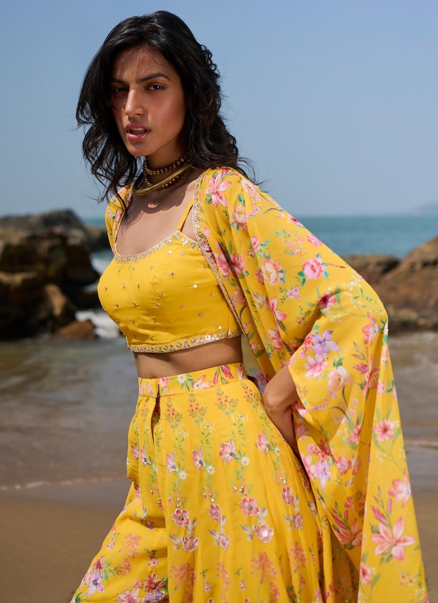 Women Lashkaraa | Yellow Floral Printed Crop Sharara Set