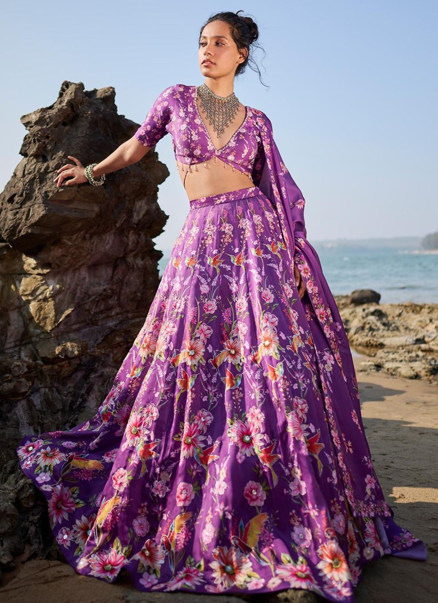 Women Lashkaraa | Purple Floral Printed Lehenga