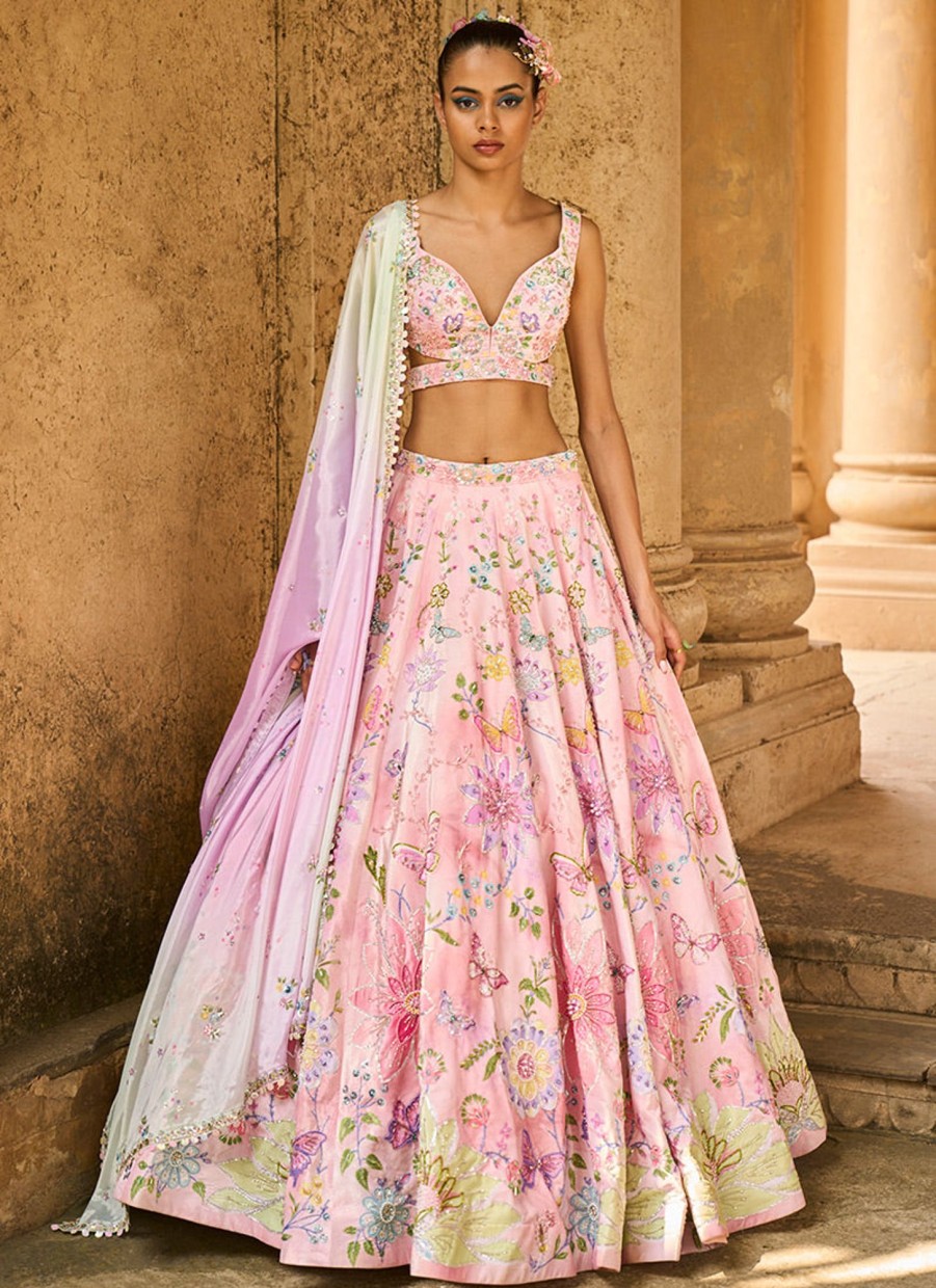 Women Lashkaraa | Multicolor Peach Embellished Velvet Lehenga