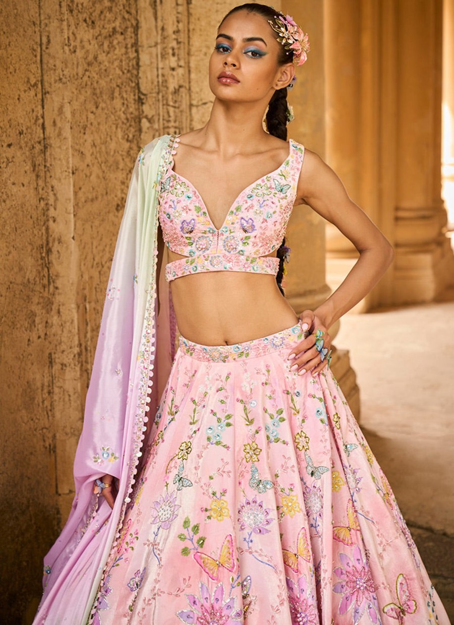 Women Lashkaraa | Multicolor Peach Embellished Velvet Lehenga