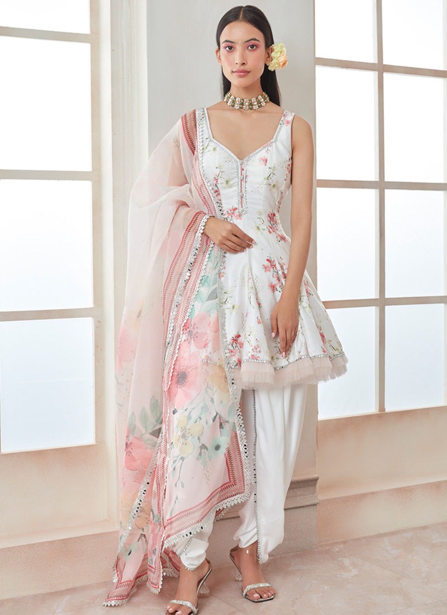 Women Lashkaraa | White Floral Printed Peplum Punjabi Suit