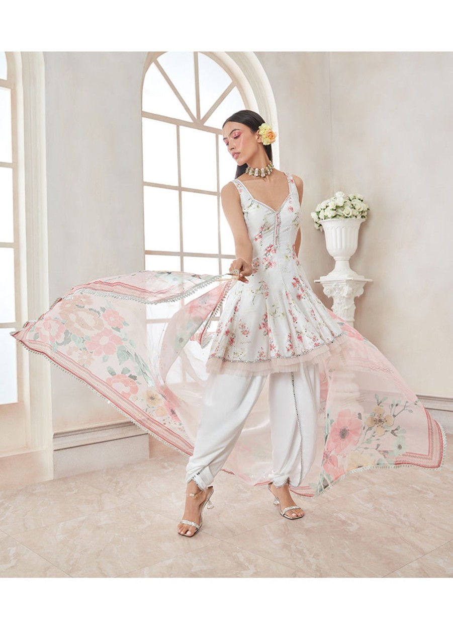 Women Lashkaraa | White Floral Printed Peplum Punjabi Suit