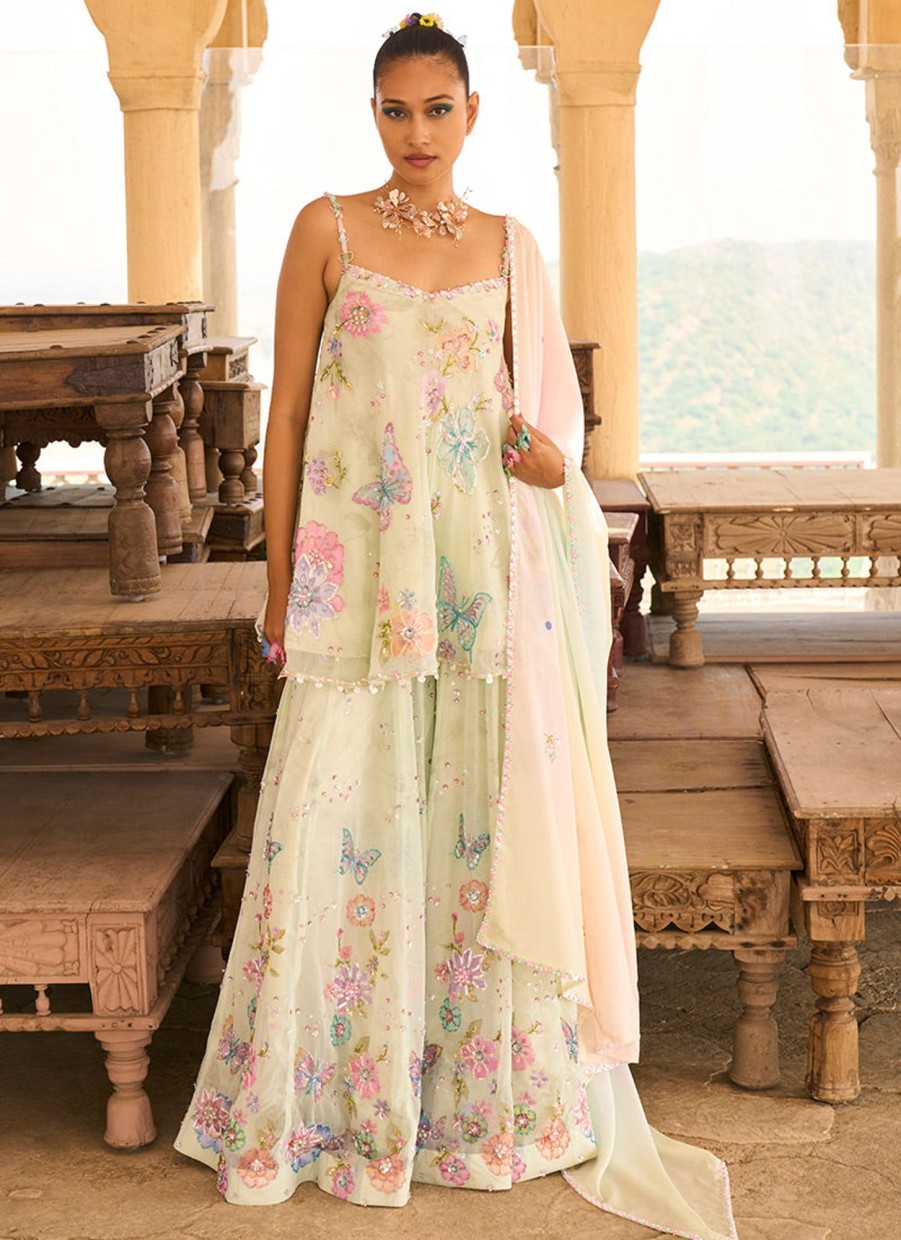 Women Lashkaraa | Light Green Embellished Chinon Sharara Suit