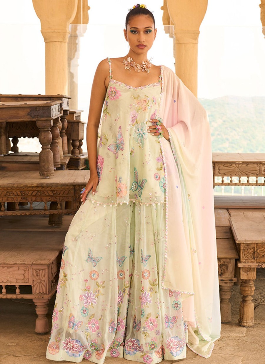 Women Lashkaraa | Light Green Embellished Chinon Sharara Suit