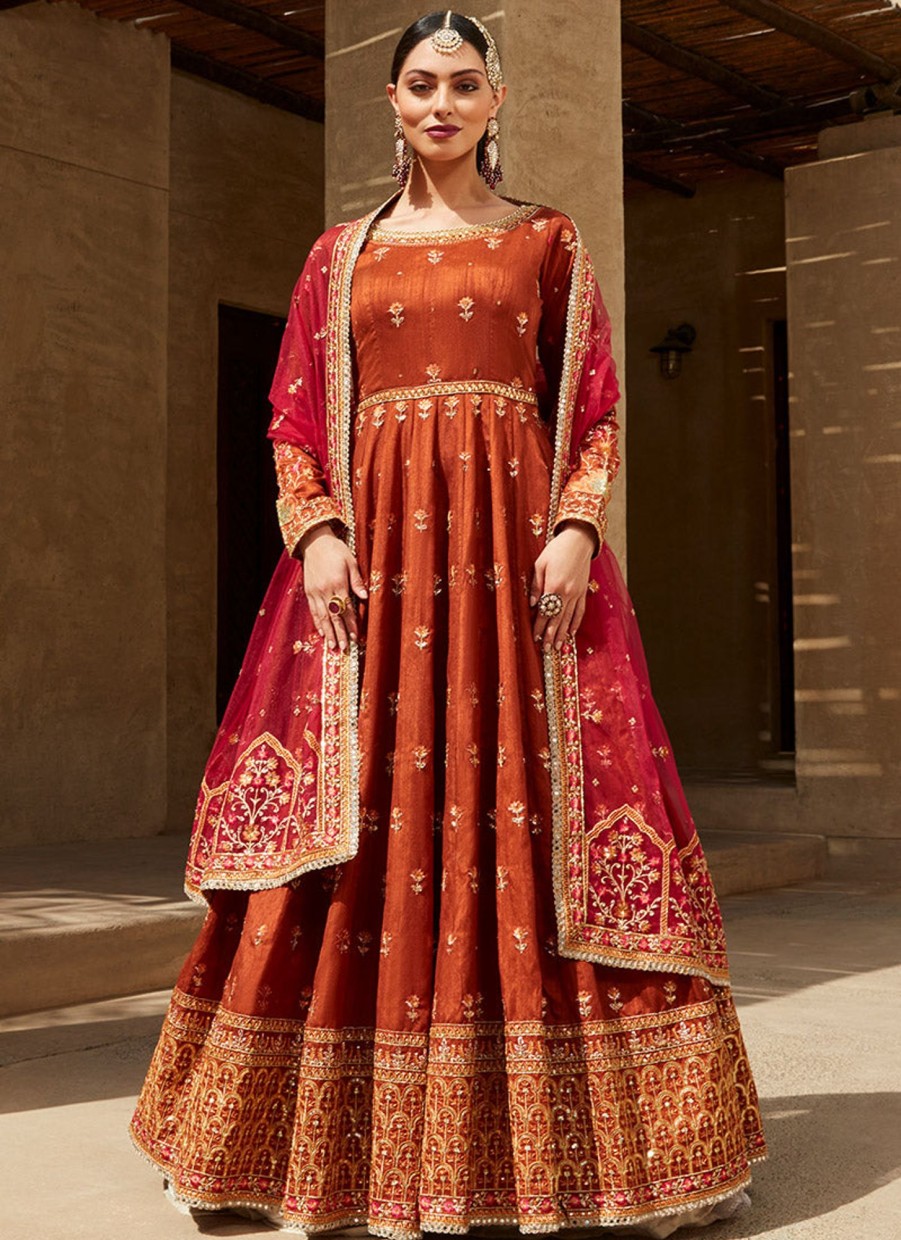 Women Lashkaraa | Deep Rust And Hot Pink Embroidered Anarkali