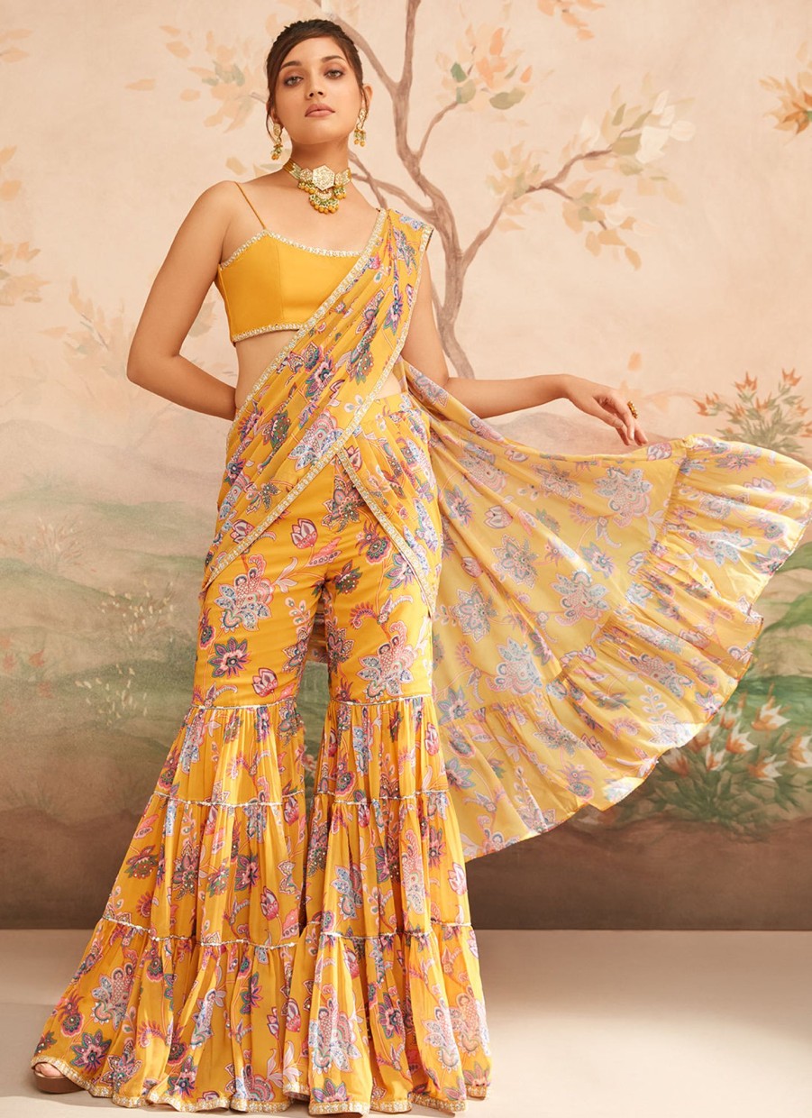 Women Lashkaraa | Mustard Yellow Floral Printed Pant Saree