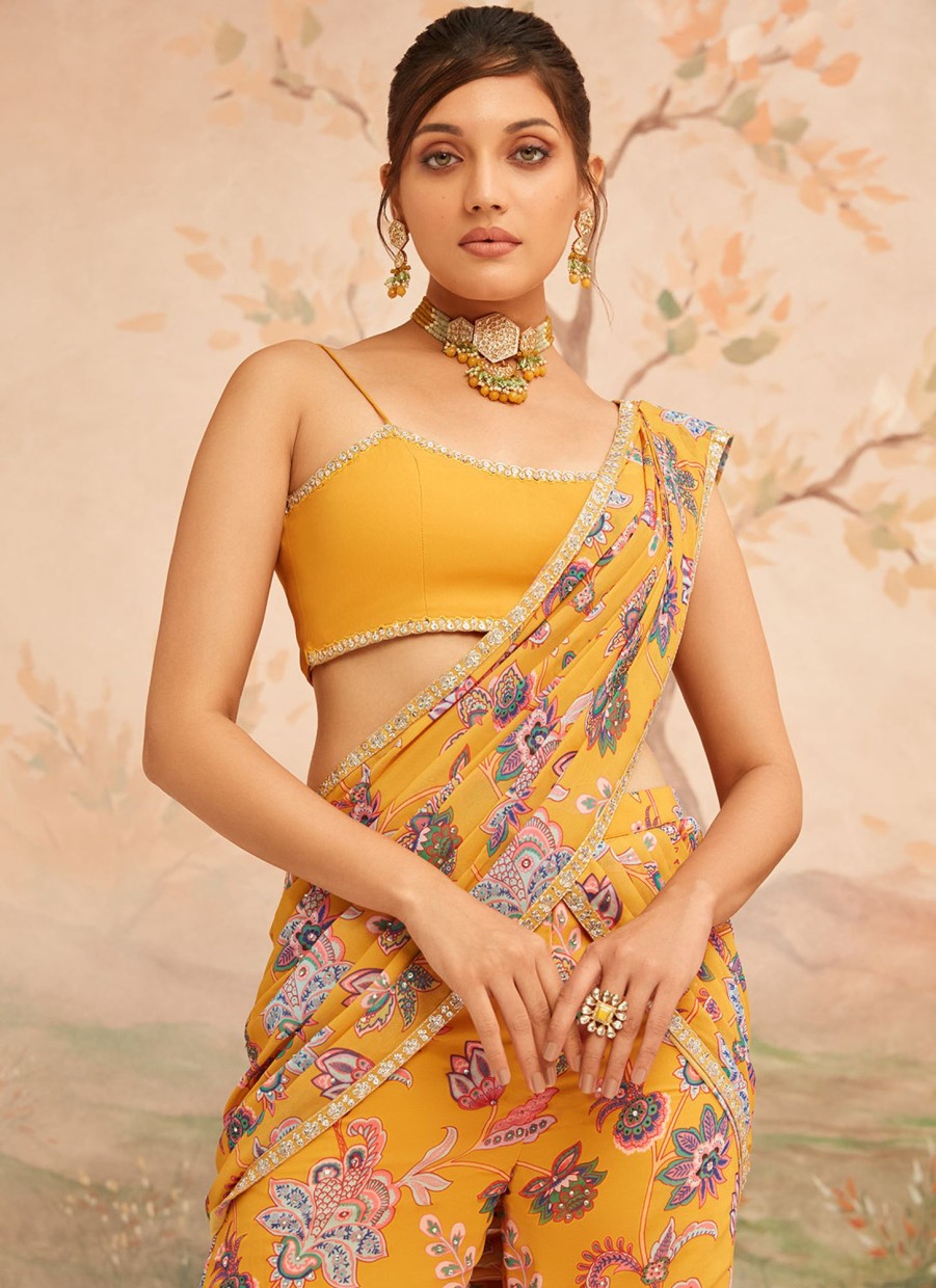 Women Lashkaraa | Mustard Yellow Floral Printed Pant Saree