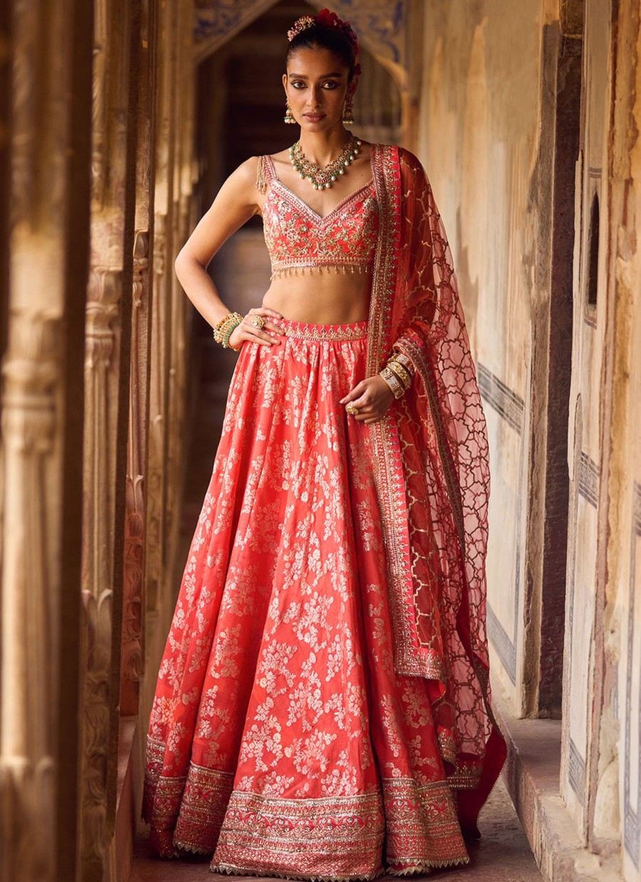 Women Lashkaraa | Orange Embroidered Brocade Lehenga