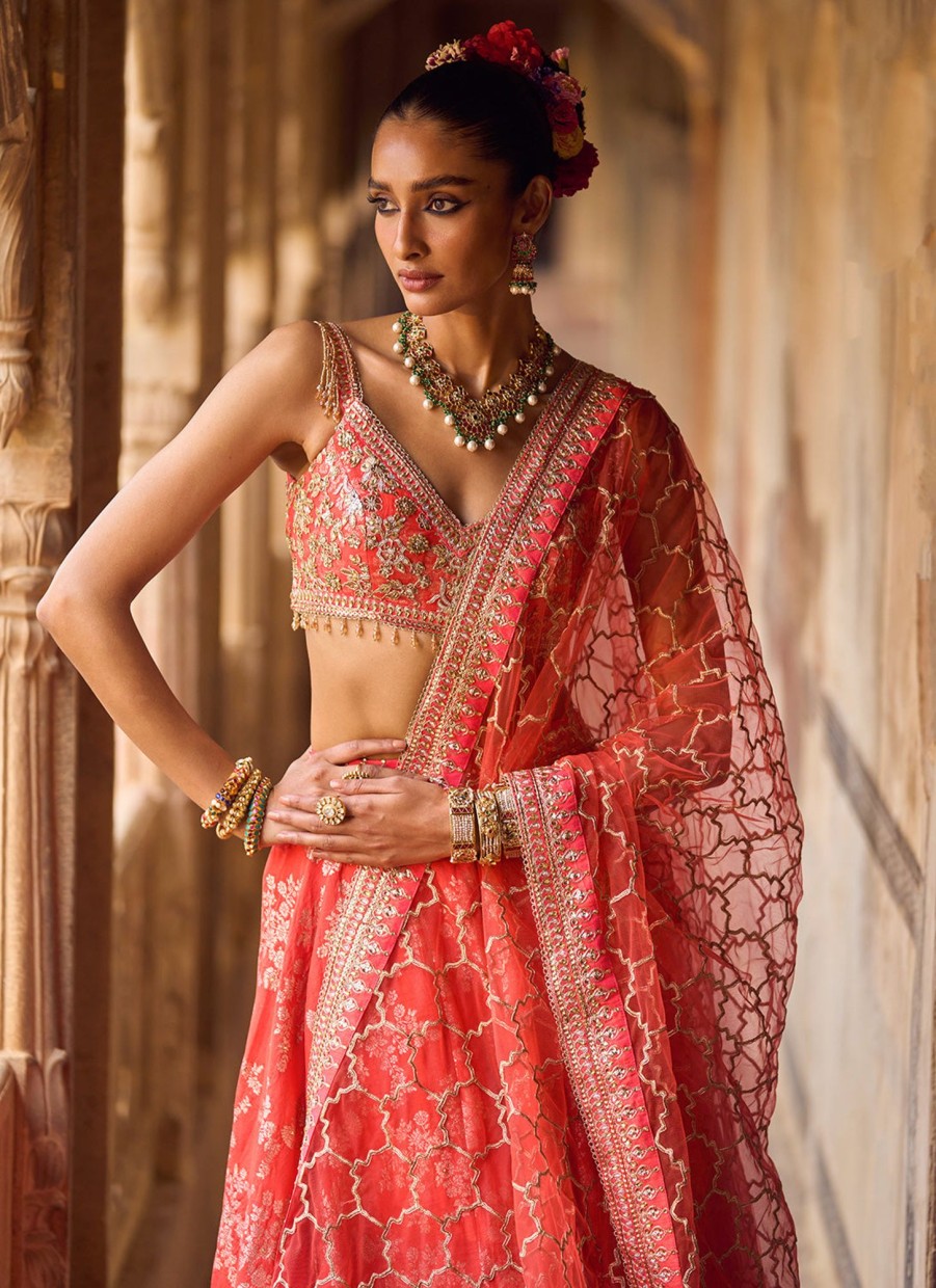 Women Lashkaraa | Orange Embroidered Brocade Lehenga