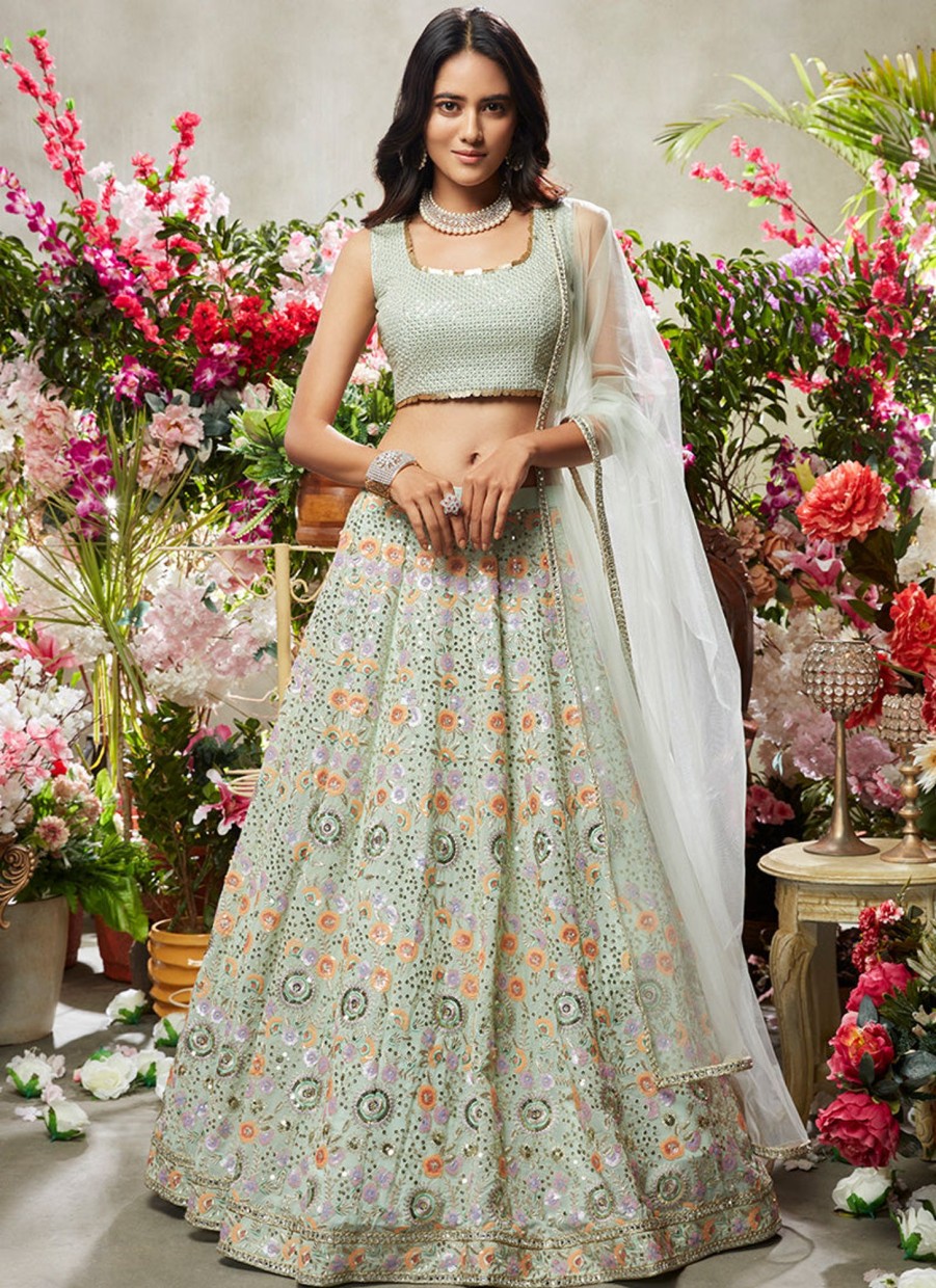 Women Lashkaraa | Dusty Mint Green Multicolor Embroidered Net Lehenga