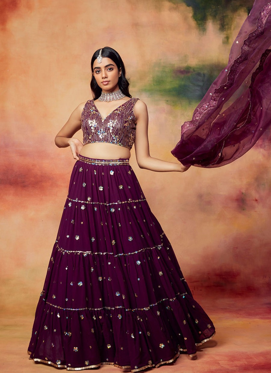 Women Lashkaraa | Deep Purple Embroidered Georgette Lehenga