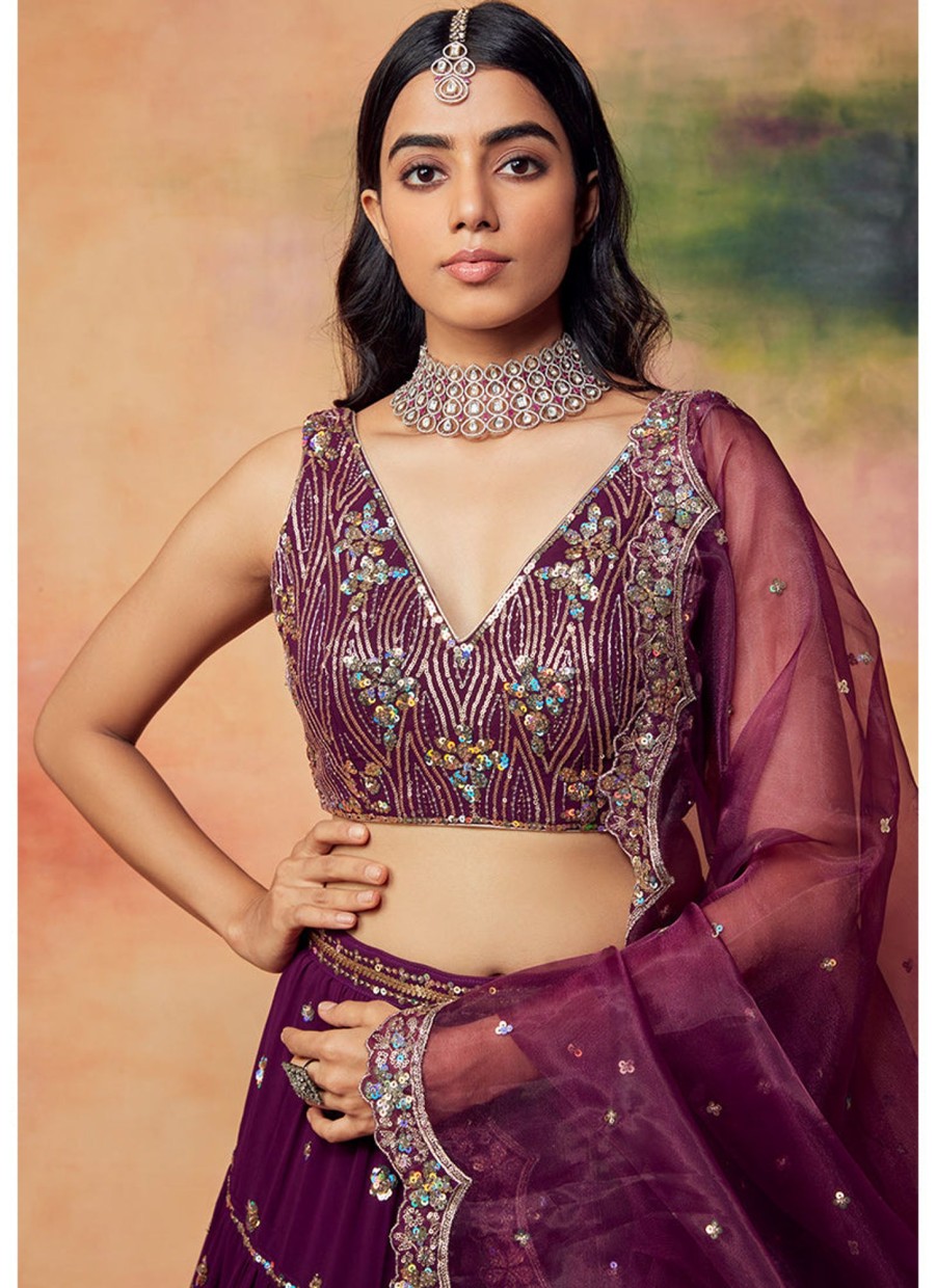 Women Lashkaraa | Deep Purple Embroidered Georgette Lehenga