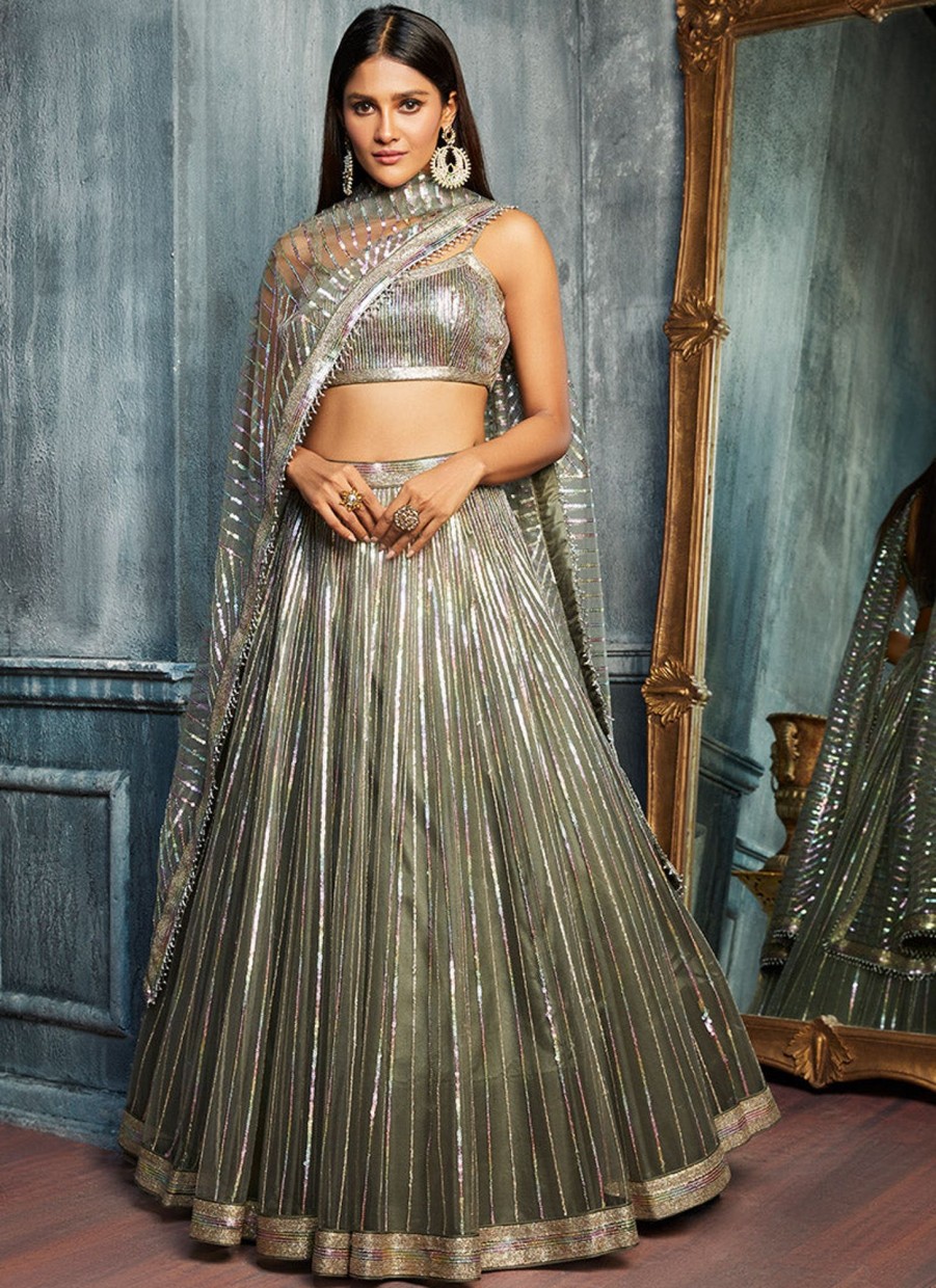 Women Lashkaraa | Light Grey Multicolor Sequins Embroidered Lehenga