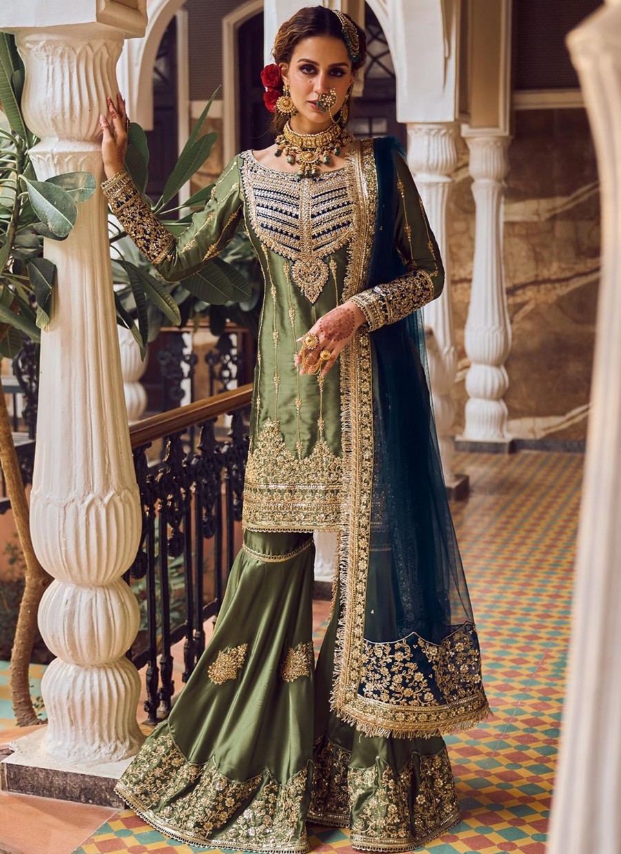 Women Lashkaraa | Olive Green And Blue Embroidered Gharara Suit