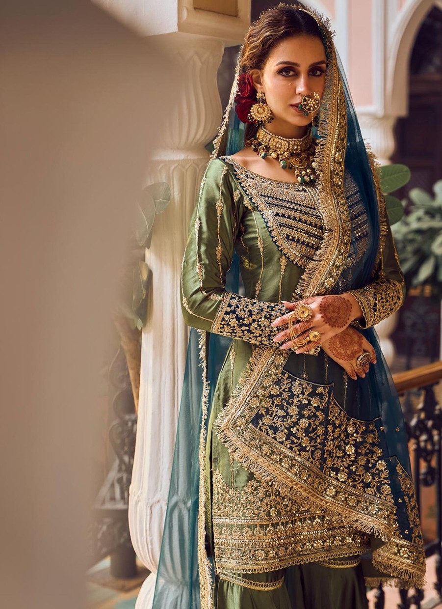 Women Lashkaraa | Olive Green And Blue Embroidered Gharara Suit