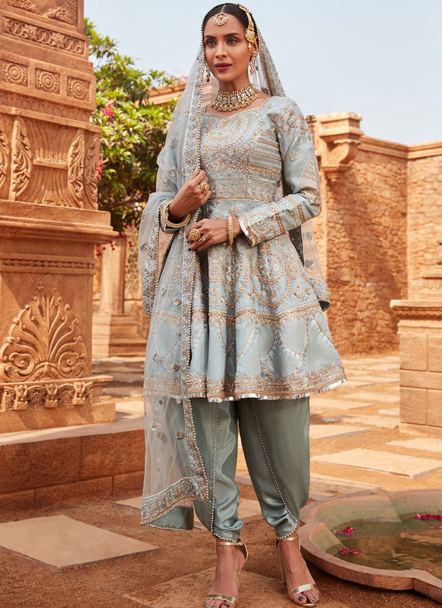 Women Lashkaraa | Dusty Blue Dhoti Style Punjabi Suit