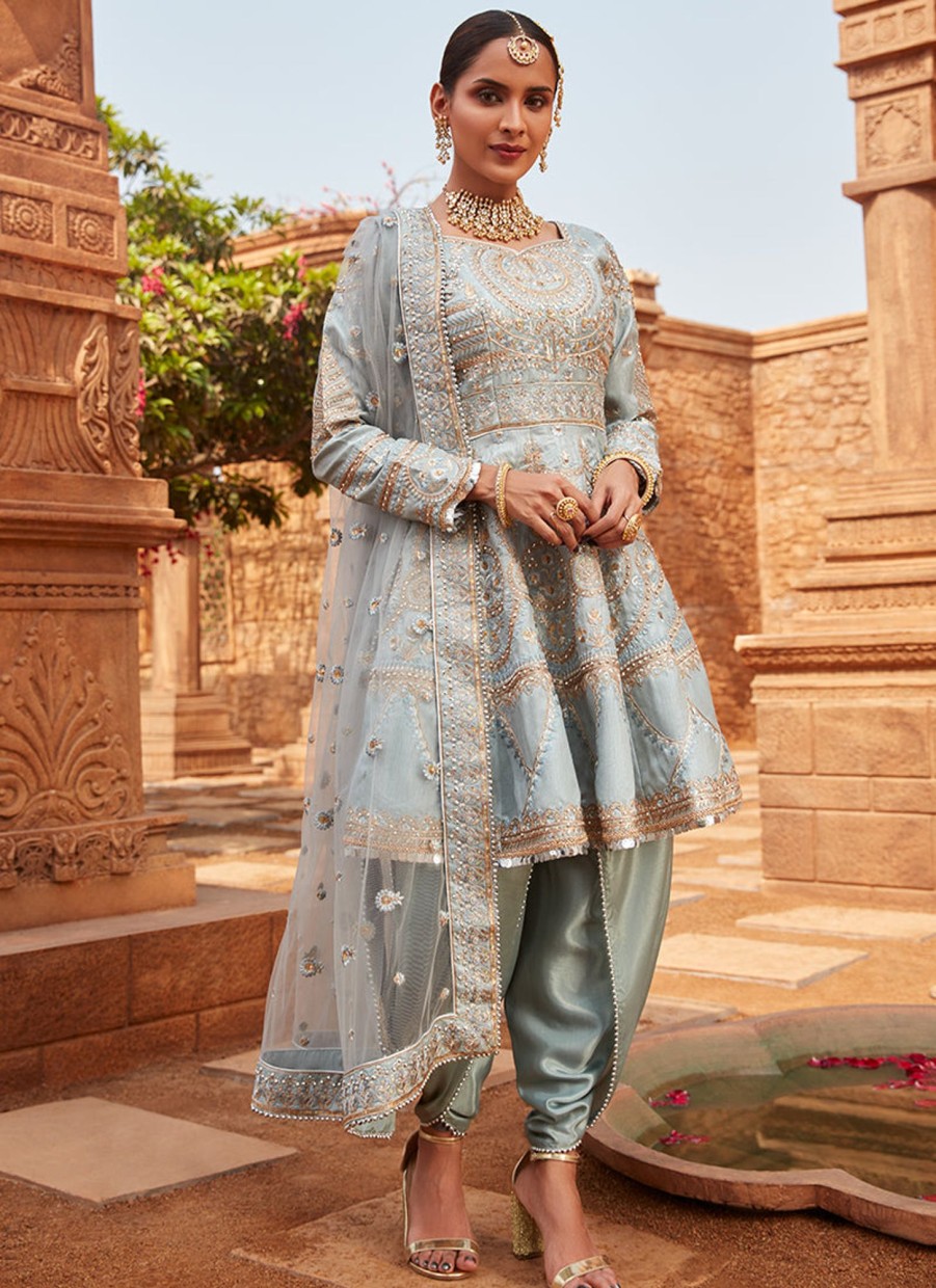 Women Lashkaraa | Dusty Blue Dhoti Style Punjabi Suit