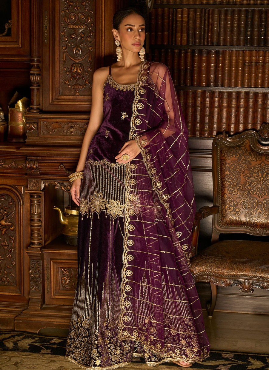 Women Lashkaraa | Purple Embroidered Velvet Sharara Suit