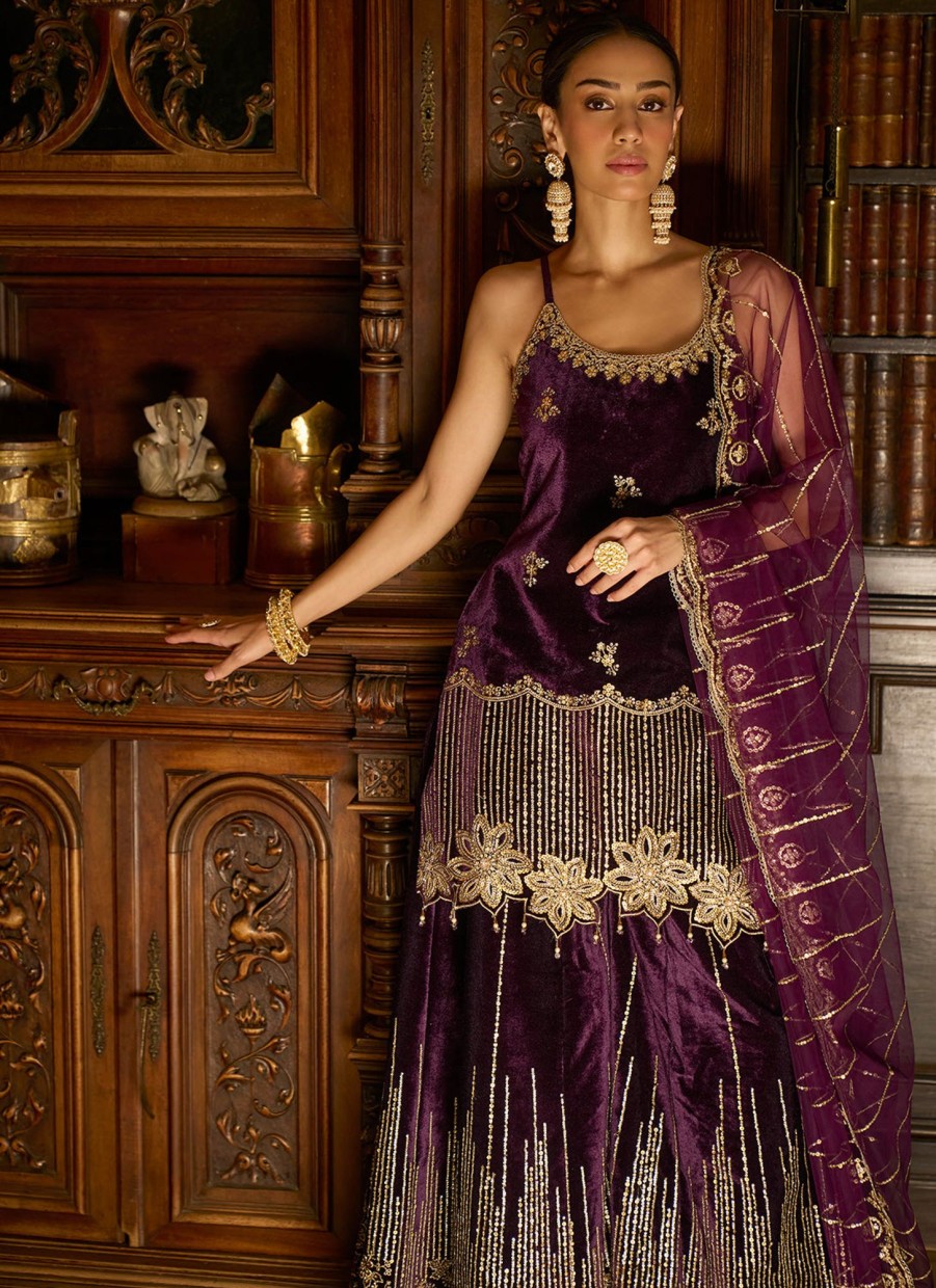 Women Lashkaraa | Purple Embroidered Velvet Sharara Suit