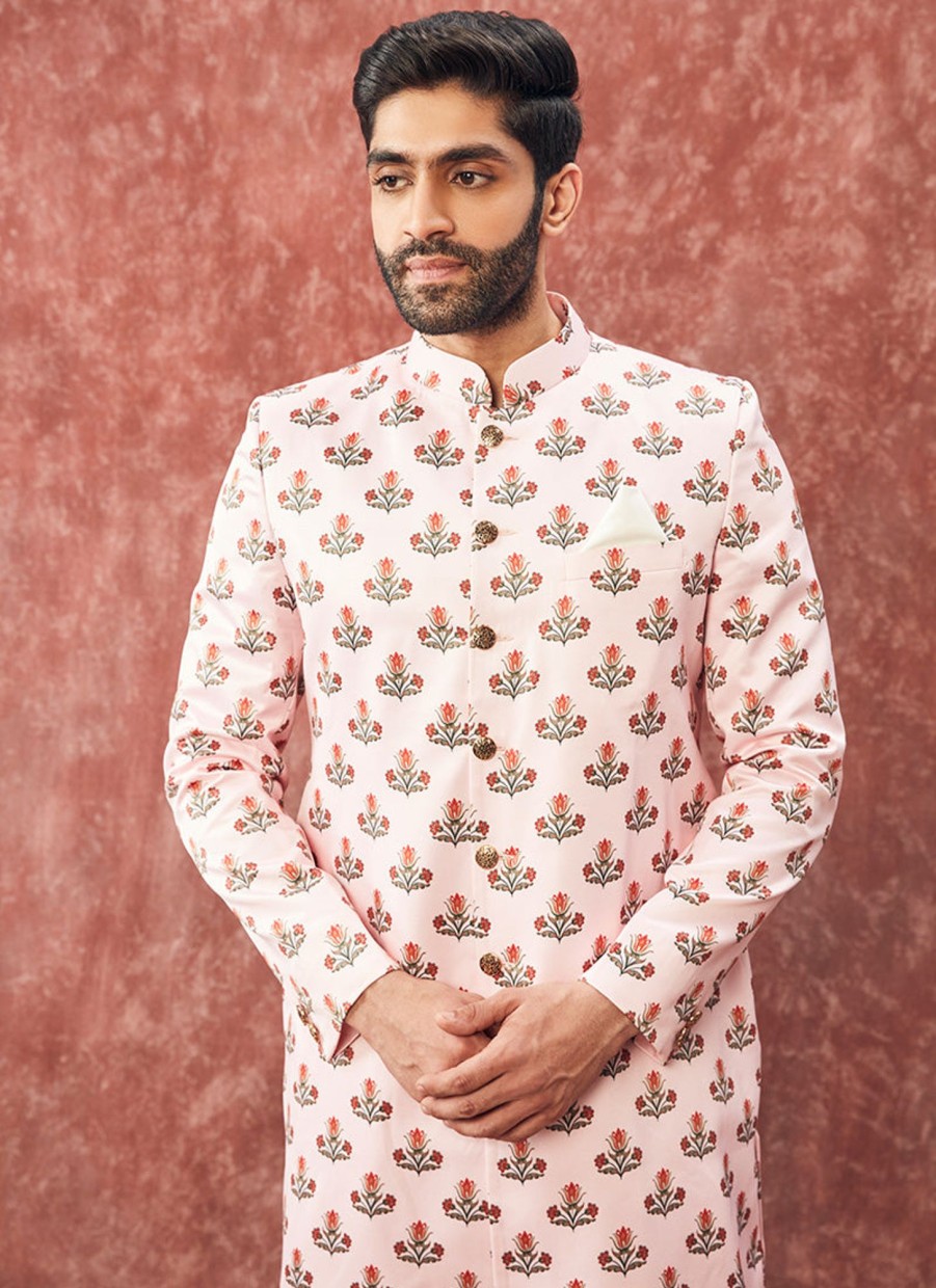 Men Lashkaraa | Pink Satin Printed Sherwani