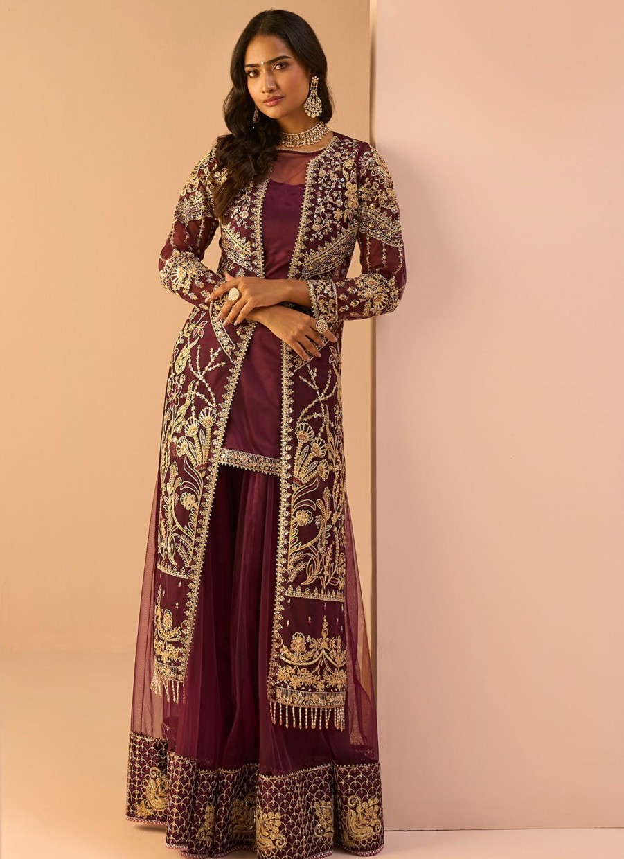 Women Lashkaraa | Wine Embroidered Sharara Suit