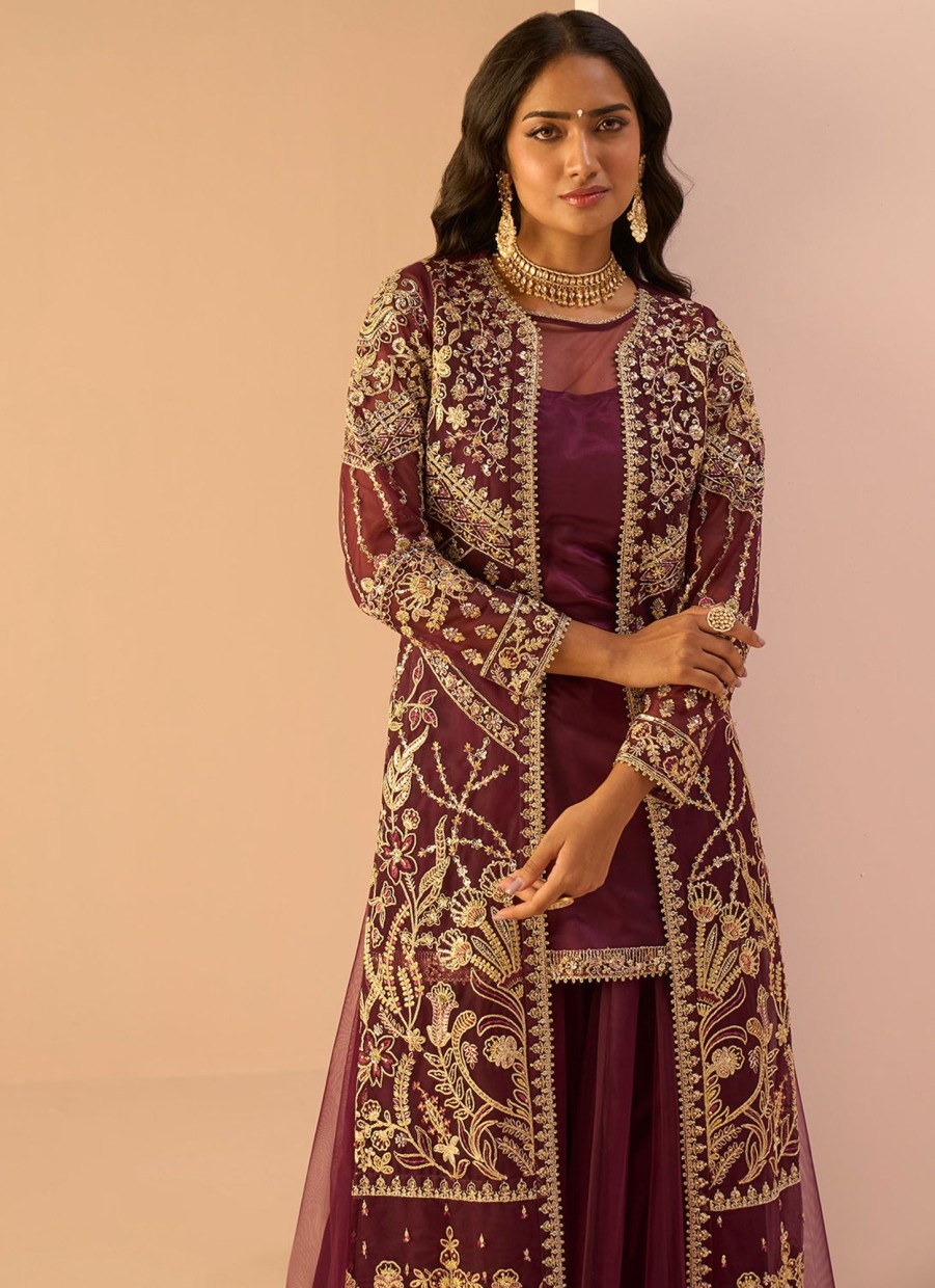 Women Lashkaraa | Wine Embroidered Sharara Suit