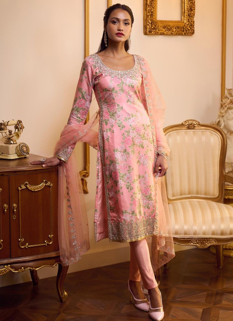 Women Lashkaraa | Peach Floral Printed Straight Suit