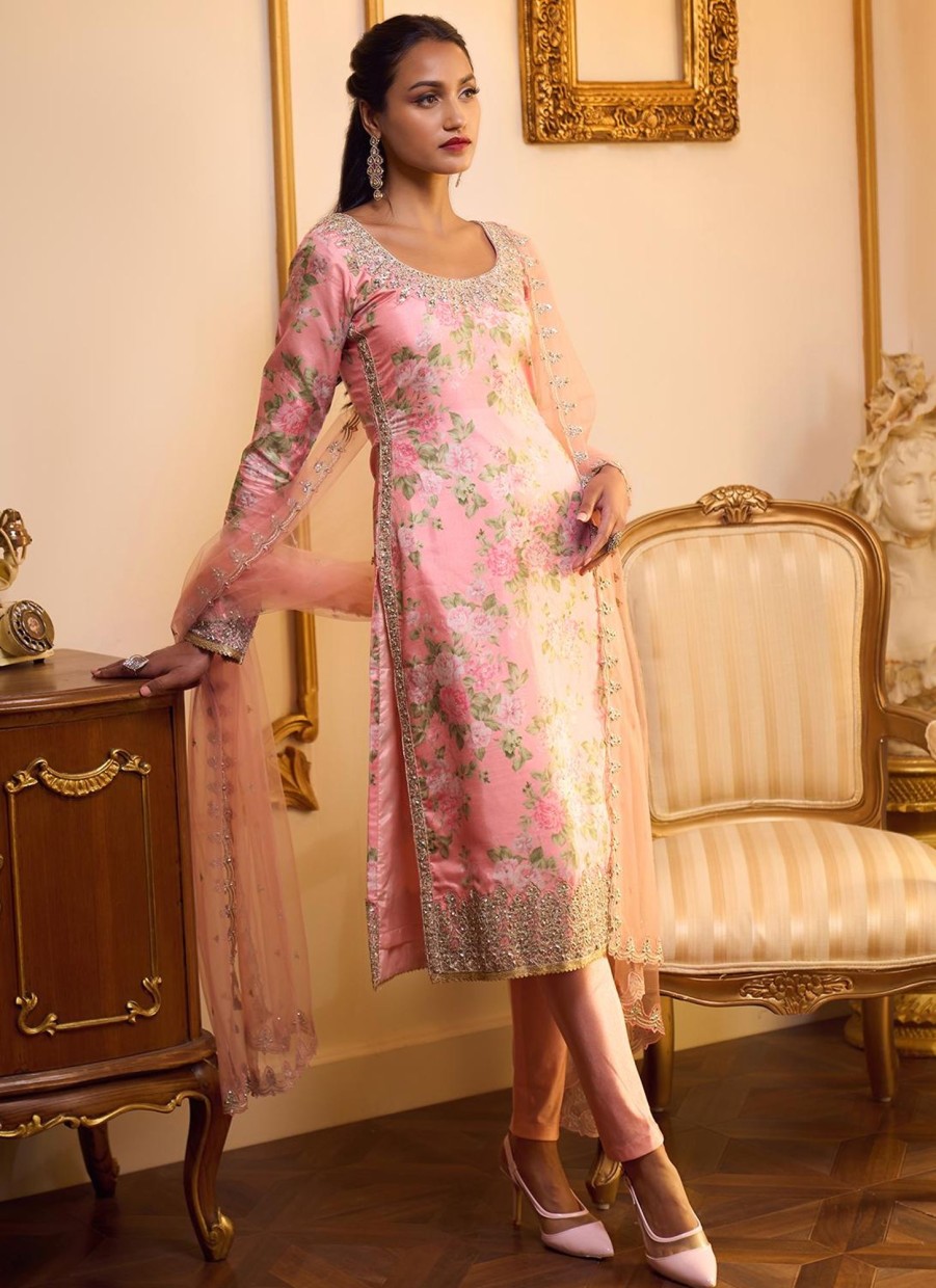 Women Lashkaraa | Peach Floral Printed Straight Suit