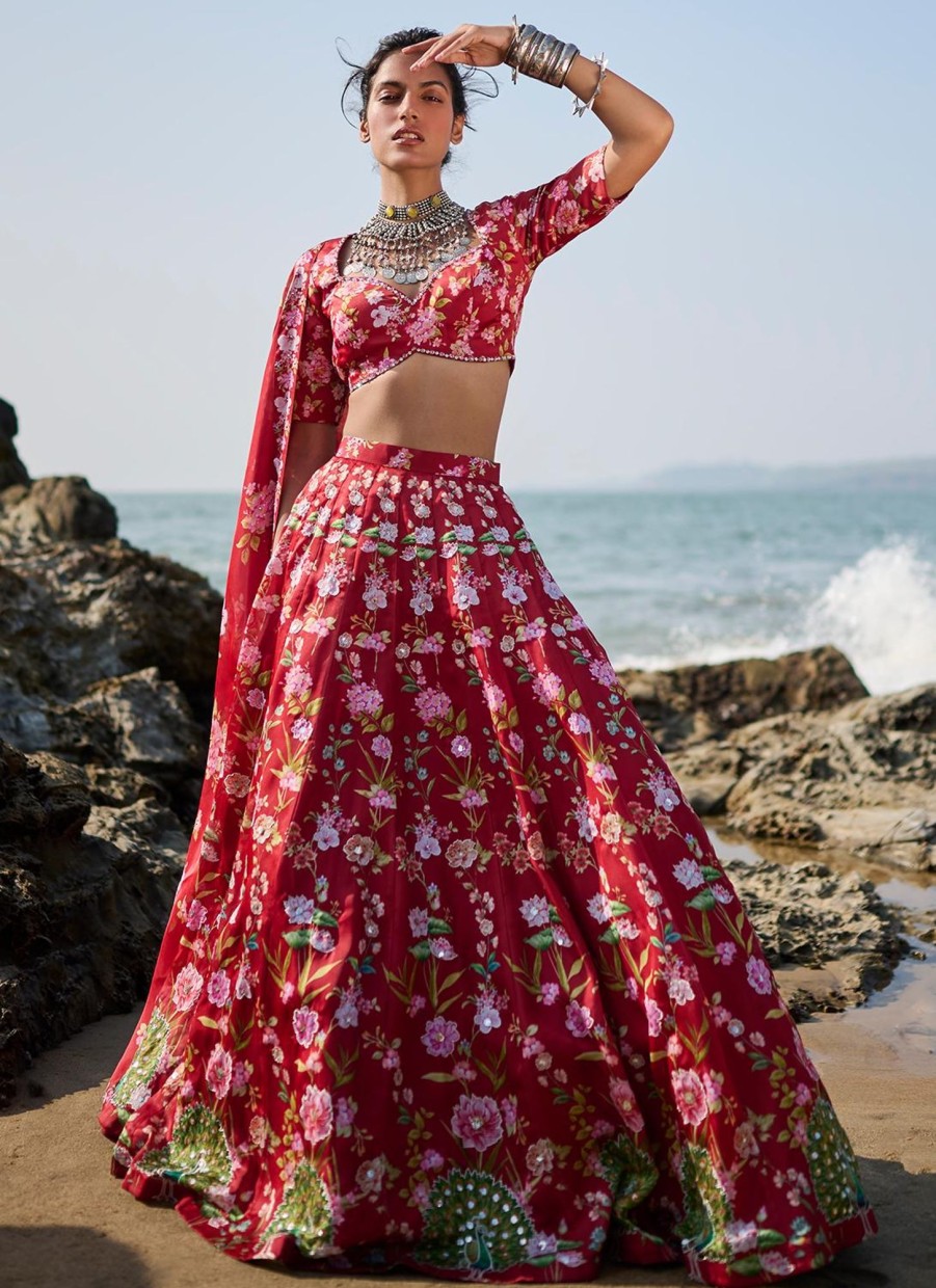 Women Lashkaraa | Deep Red Floral Printed Lehenga