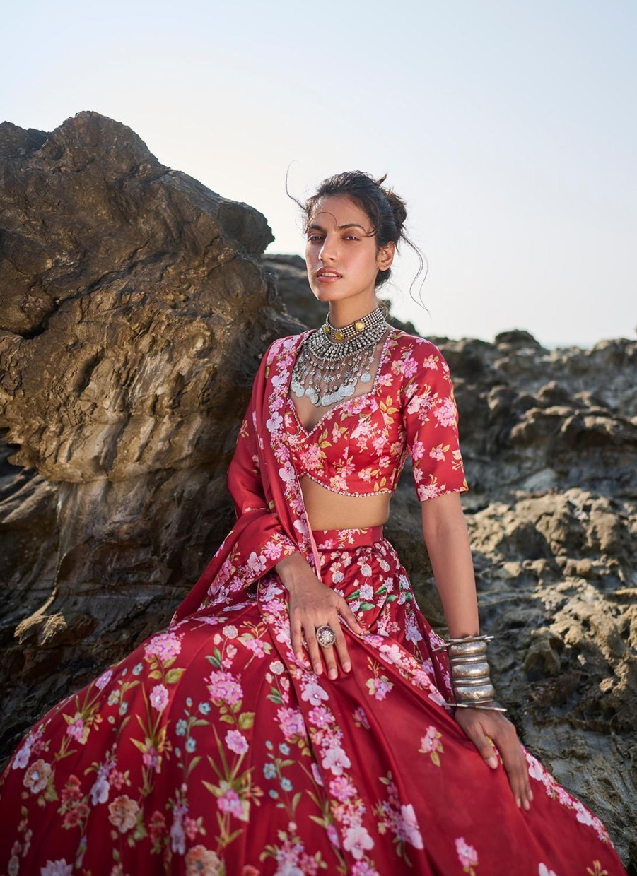 Women Lashkaraa | Deep Red Floral Printed Lehenga