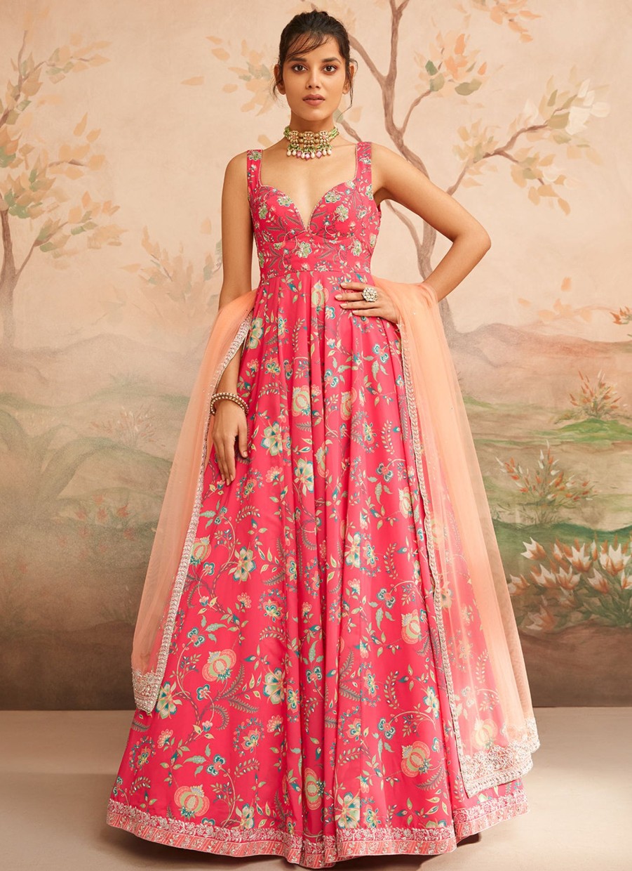 Women Lashkaraa | Hot Pink Floral Printed Anarkali