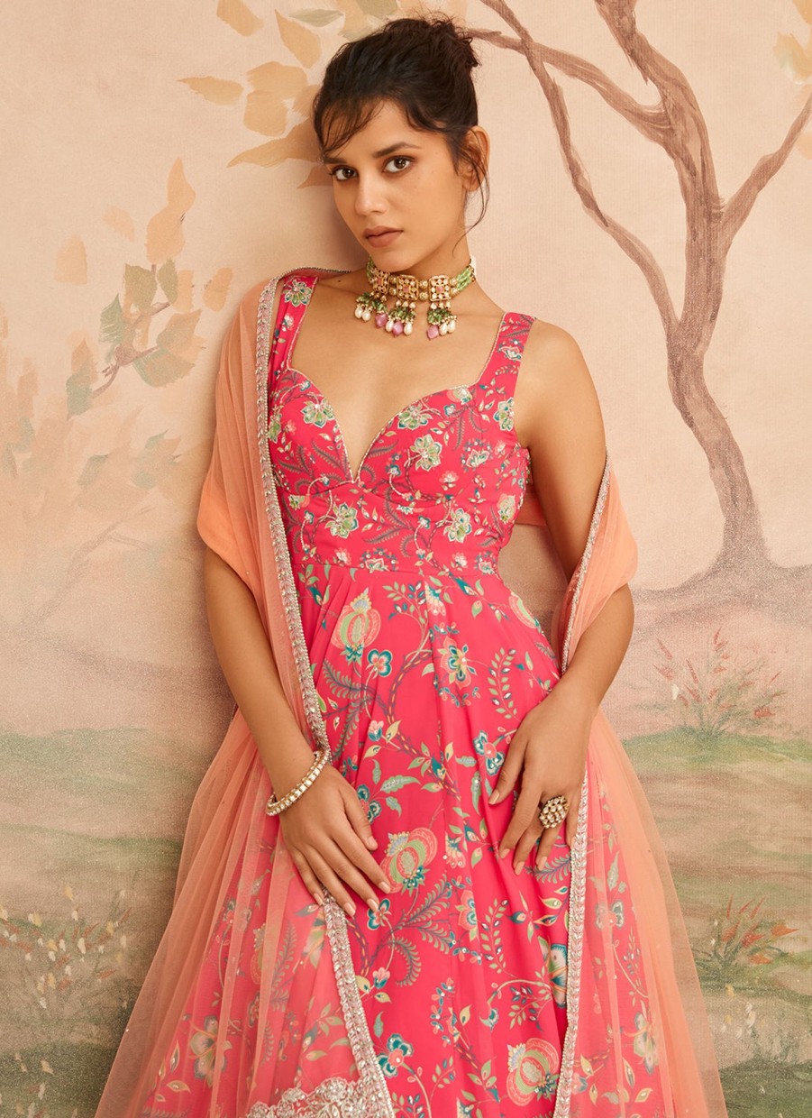 Women Lashkaraa | Hot Pink Floral Printed Anarkali