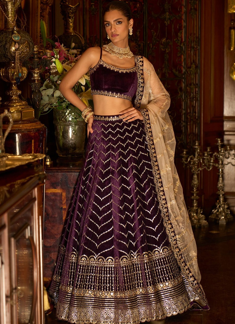 Women Lashkaraa | Deep Purple Embroidered Velvet Lehenga