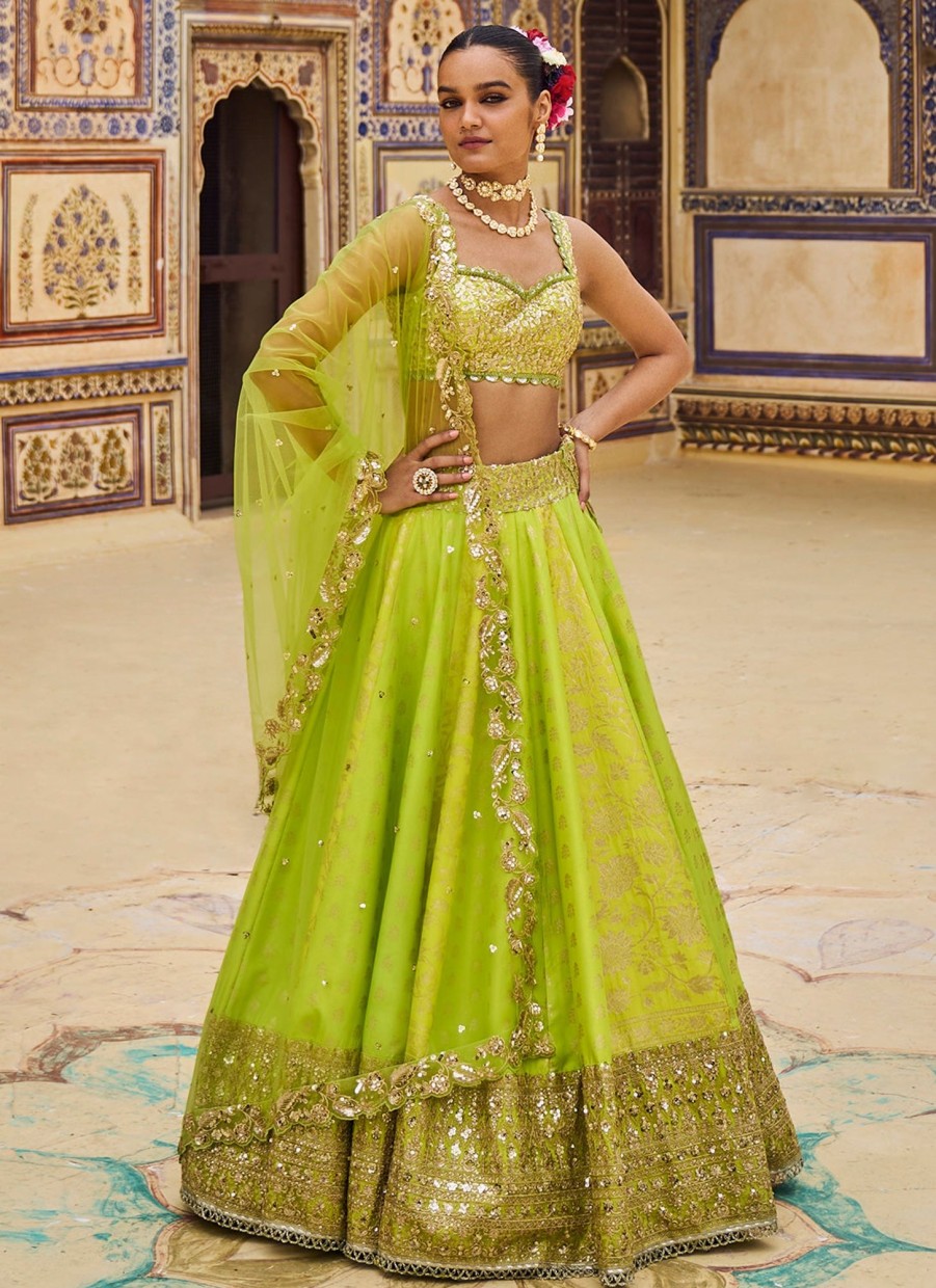 Women Lashkaraa | Lime Green Embroidered Lehenga