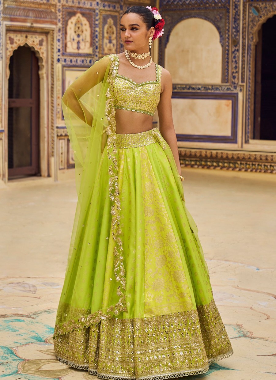 Women Lashkaraa | Lime Green Embroidered Lehenga