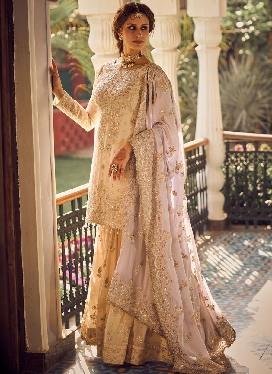 Women Lashkaraa | Cream And Lavender Embroidered Gharara Suit