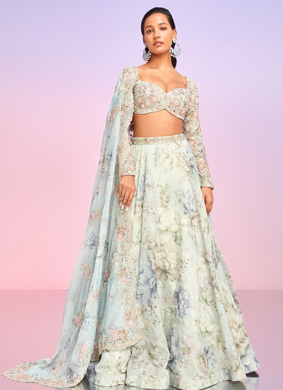 Women Lashkaraa | Light Blue Floral Embellished Lehenga