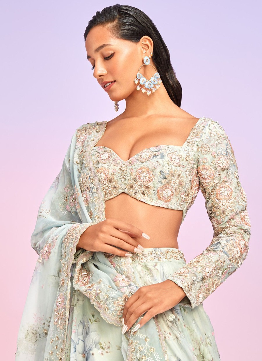 Women Lashkaraa | Light Blue Floral Embellished Lehenga