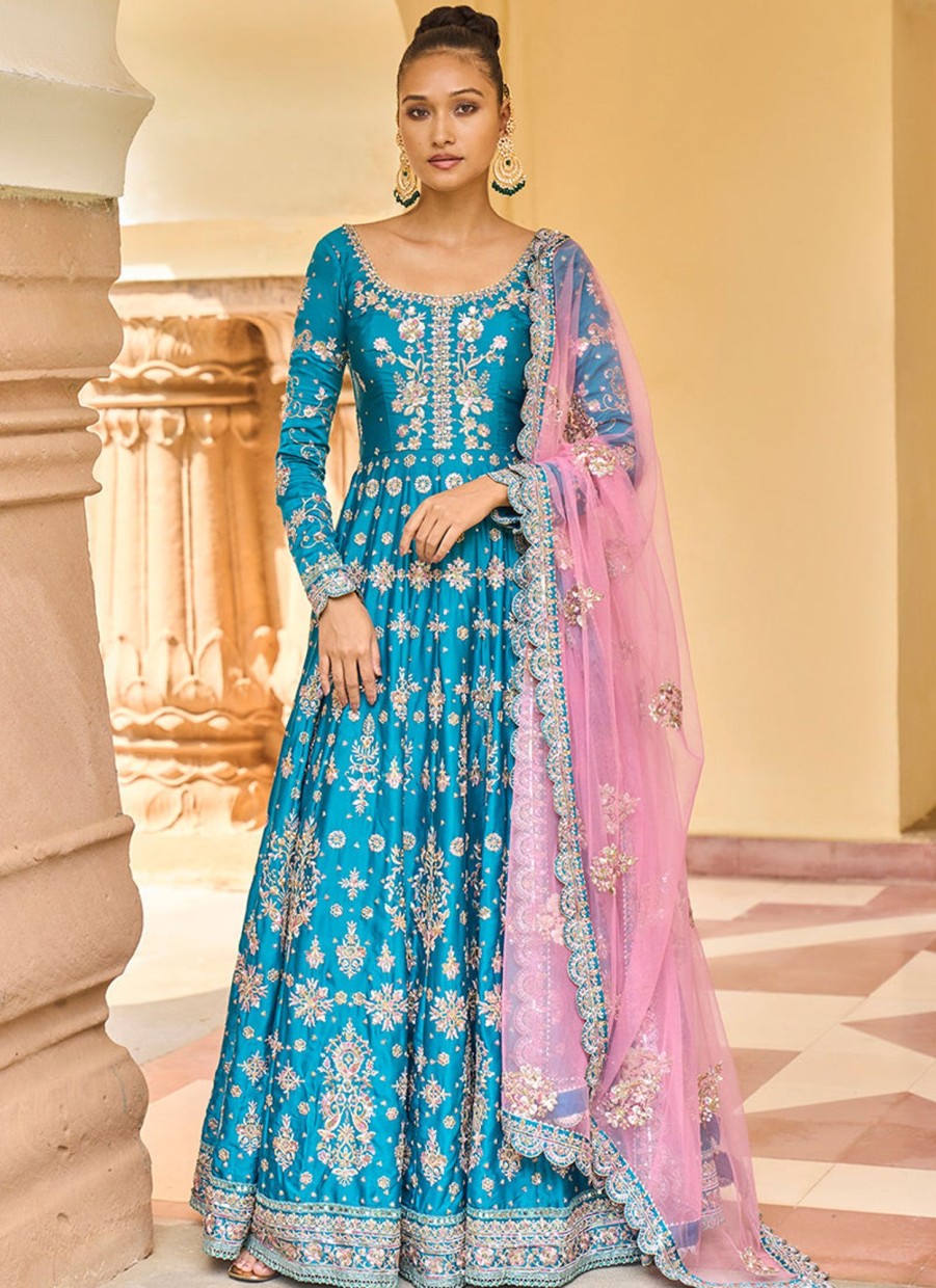 Women Lashkaraa | Teal Embroidered Satin Anarkali