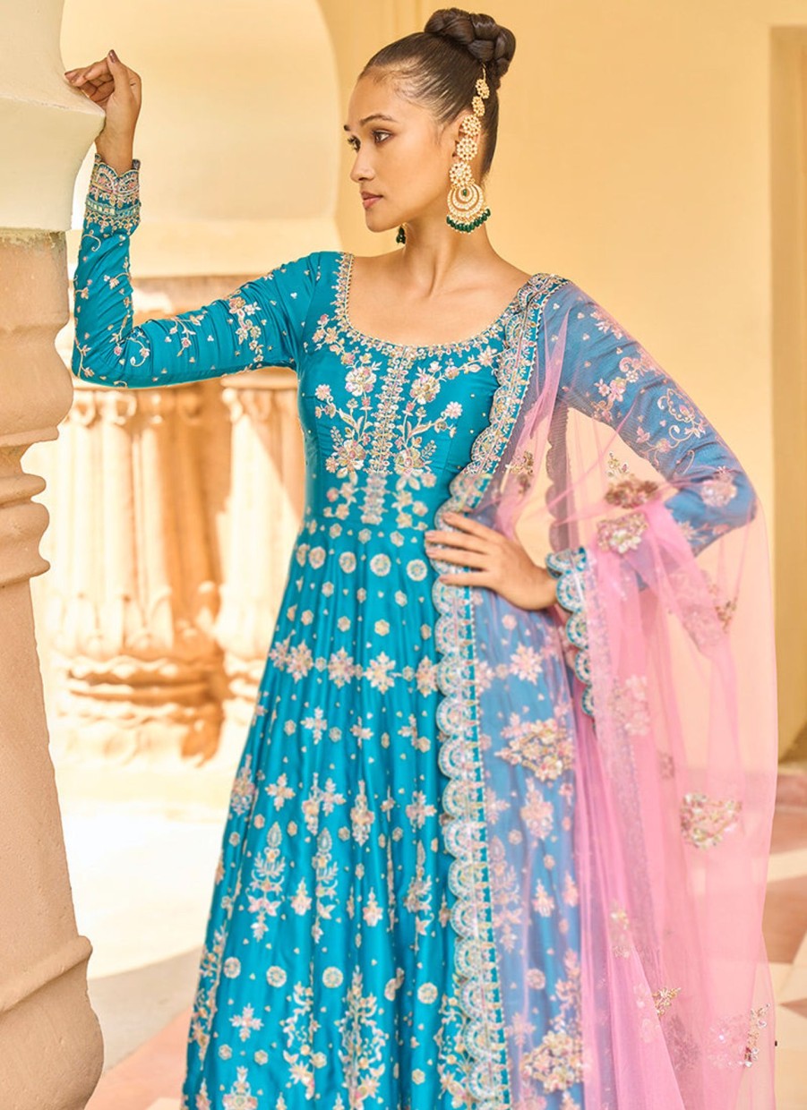 Women Lashkaraa | Teal Embroidered Satin Anarkali