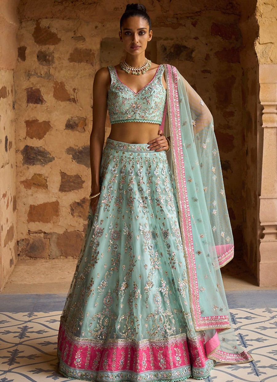 Women Lashkaraa | Mint And Hot Pink Embroidered Net Lehenga