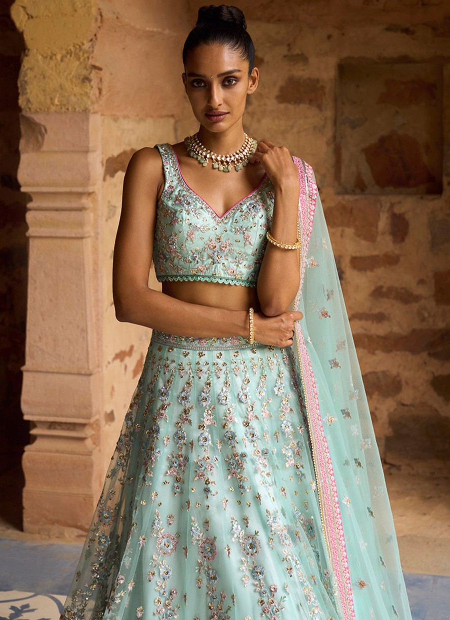 Women Lashkaraa | Mint And Hot Pink Embroidered Net Lehenga