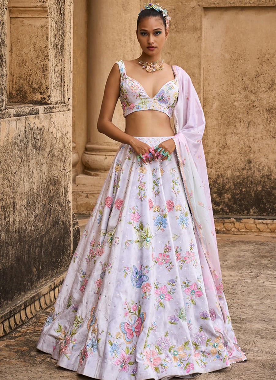 Women Lashkaraa | Light Grey Embellished Velvet Lehenga