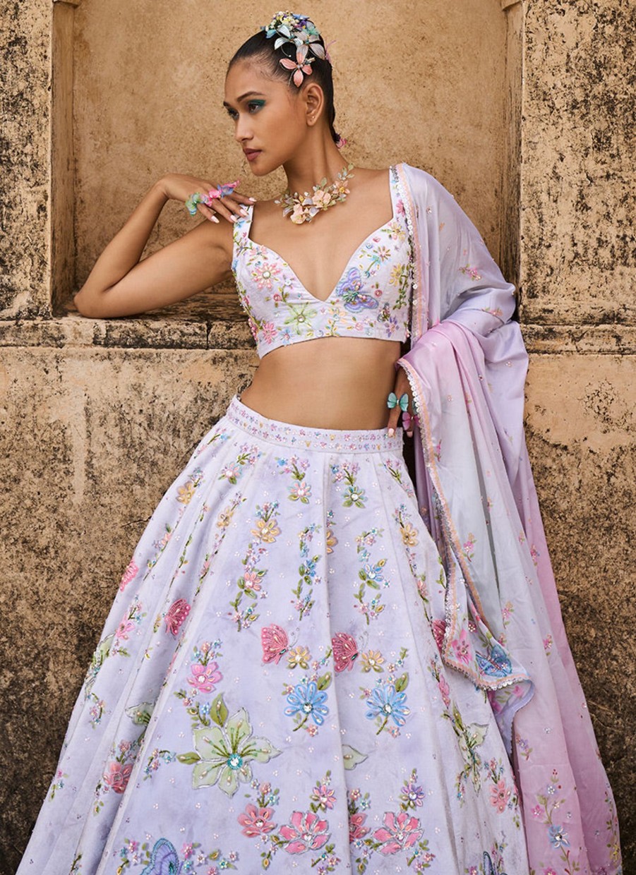 Women Lashkaraa | Light Grey Embellished Velvet Lehenga