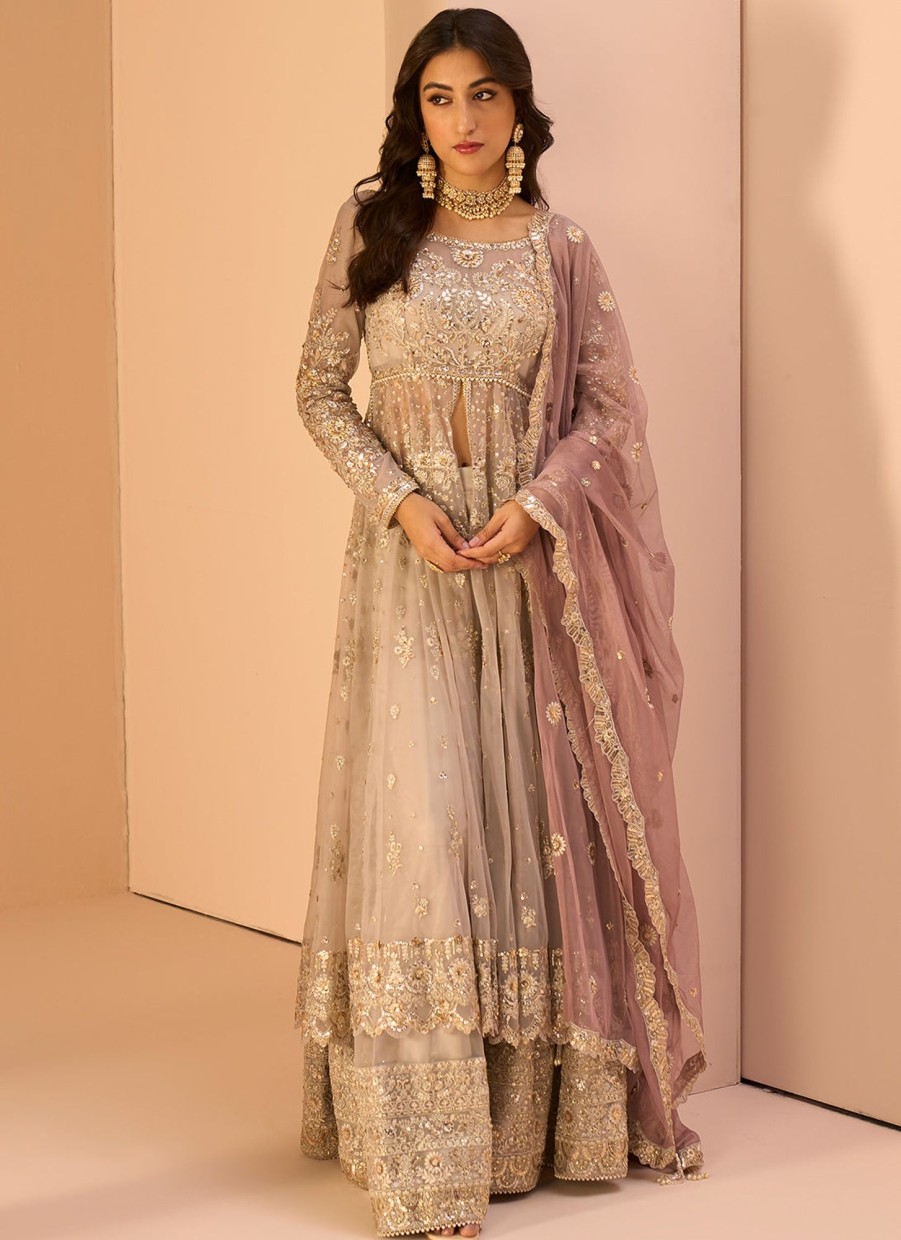 Women Lashkaraa | Grey Embroidered Anarkali Style Sharara