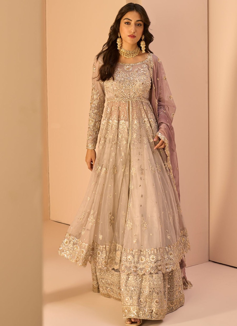 Women Lashkaraa | Grey Embroidered Anarkali Style Sharara