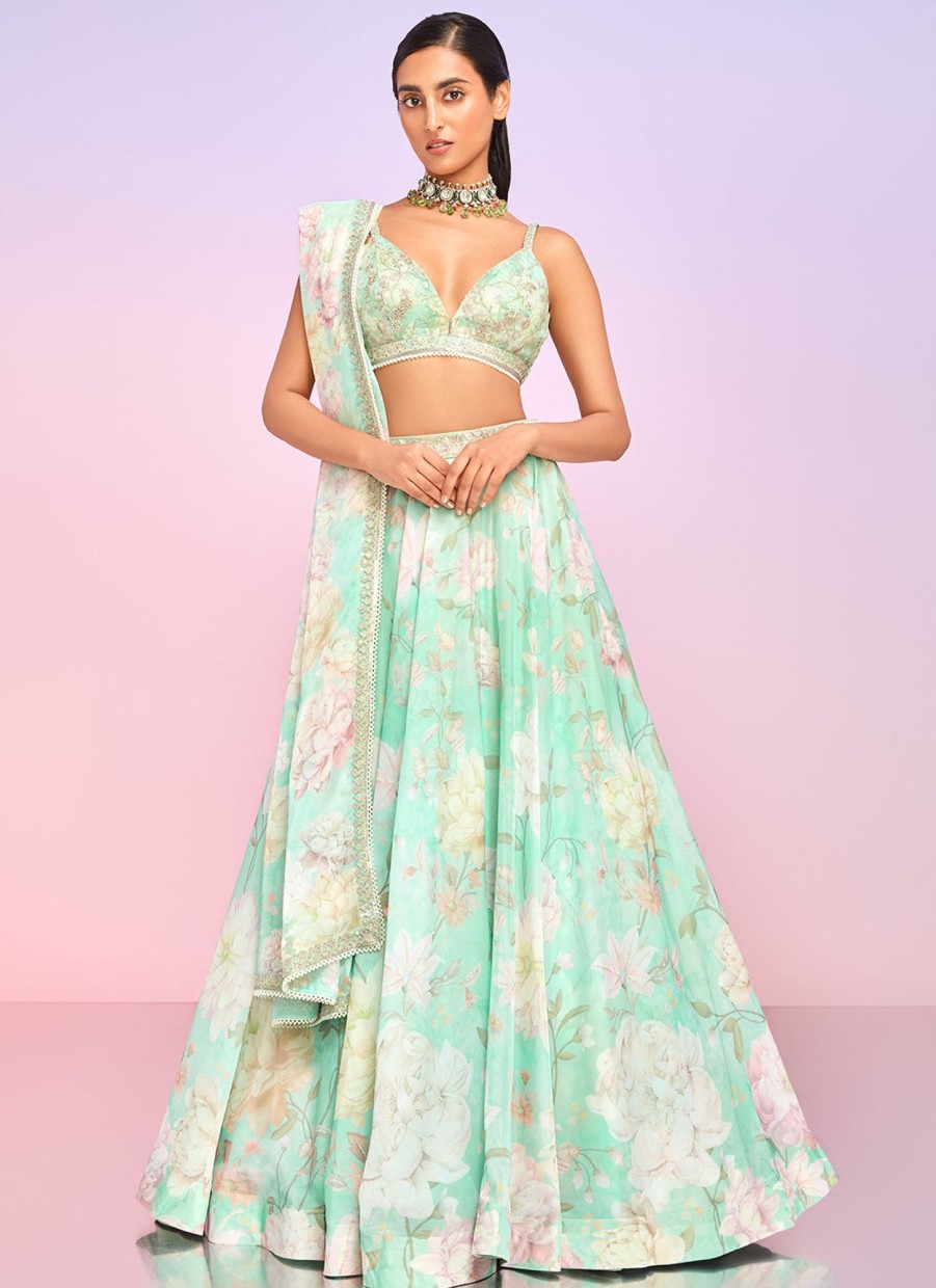 Women Lashkaraa | Mint Floral Embellished Lehenga