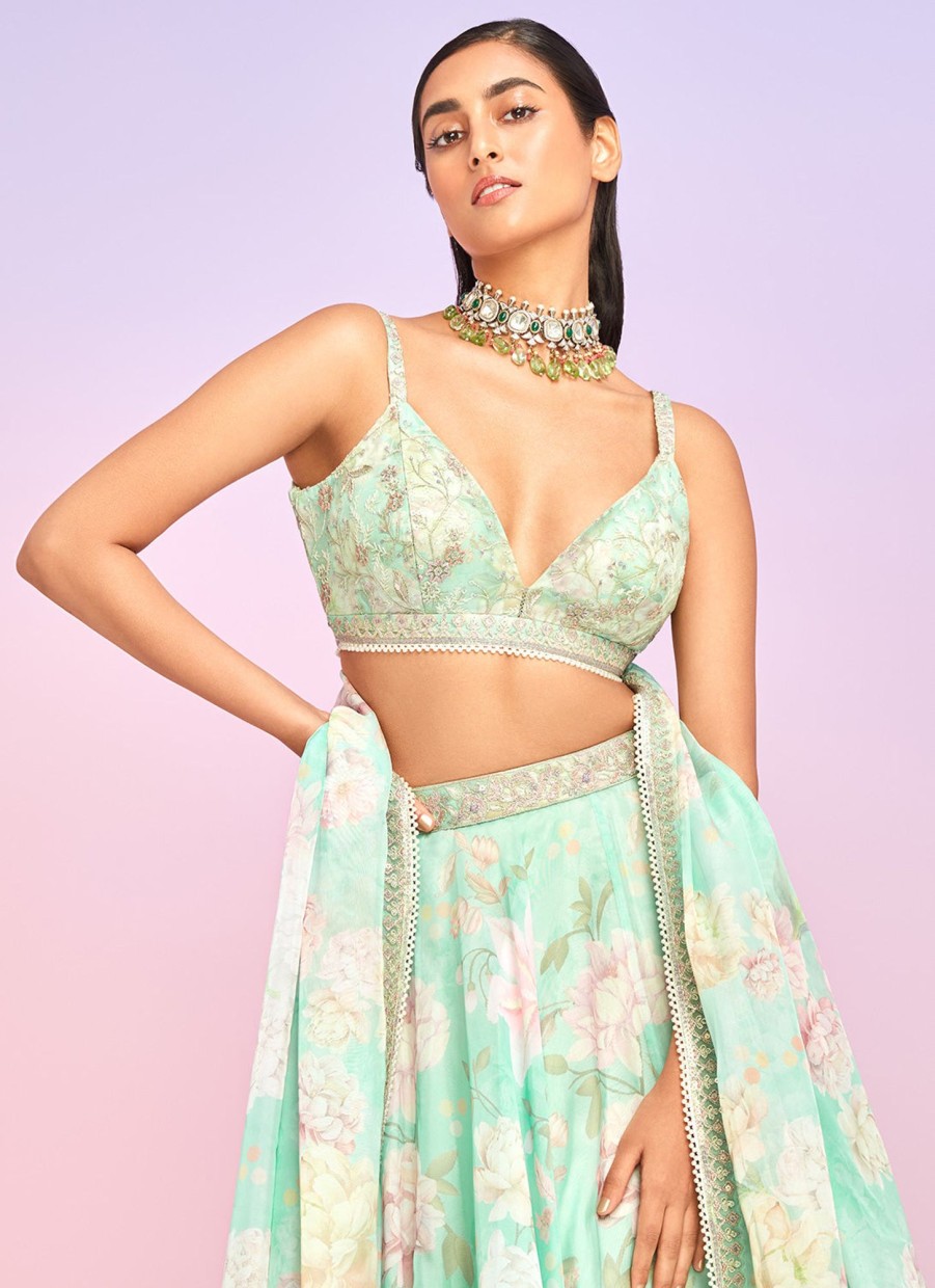 Women Lashkaraa | Mint Floral Embellished Lehenga