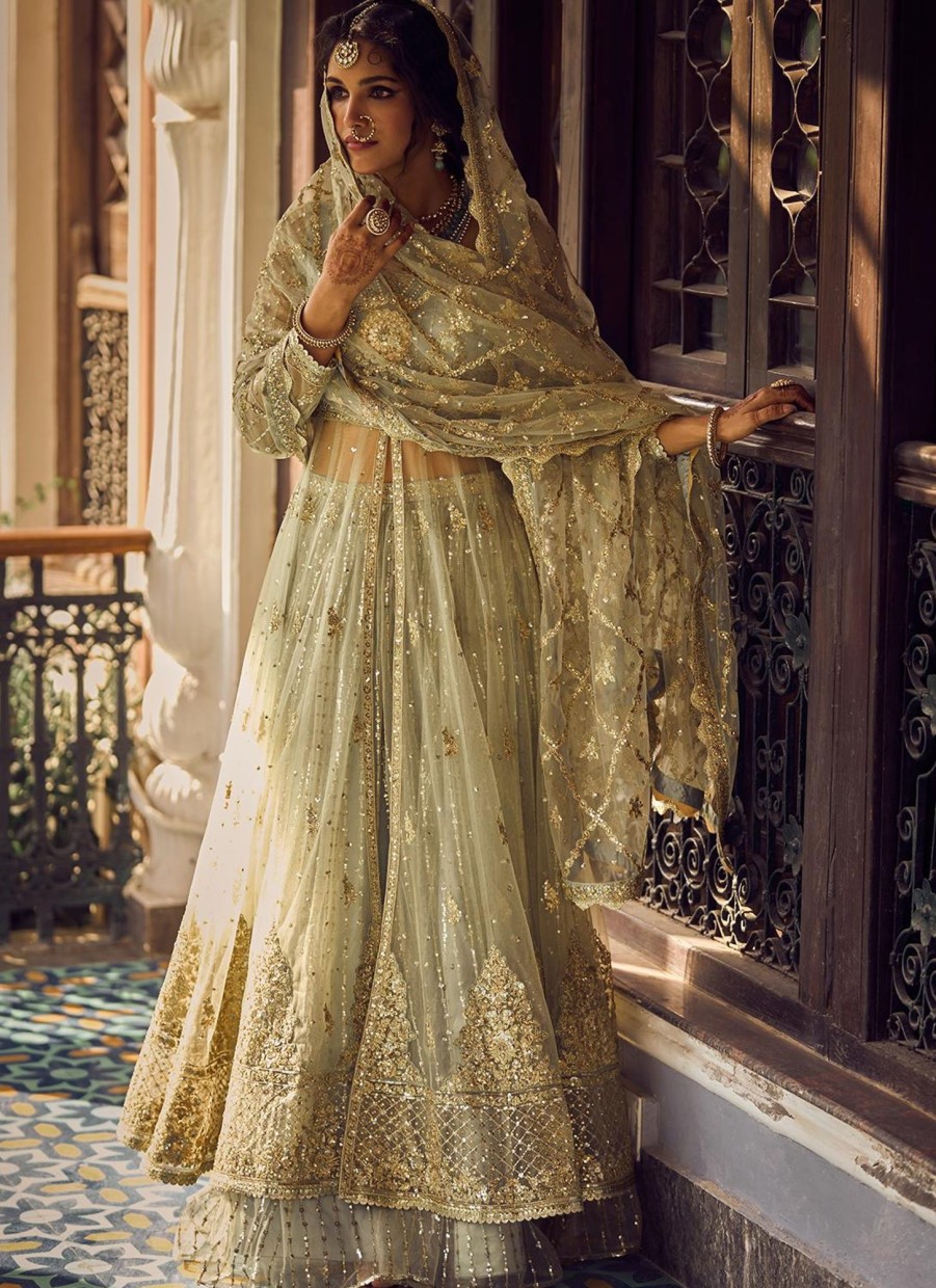 Women Lashkaraa | Light Mint Embroidered Anarkali Style Lehenga