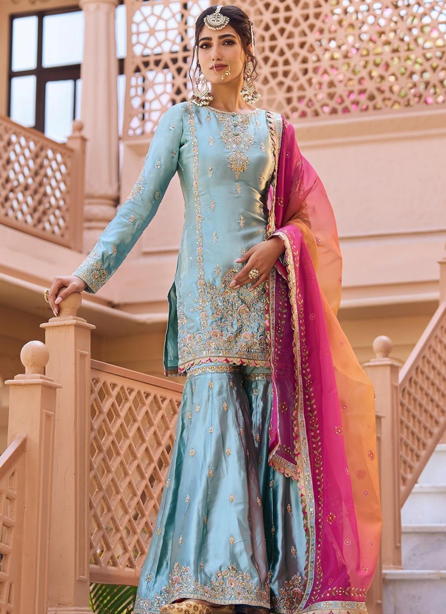 Women Lashkaraa | Dusty Mint Embroidered Gharara Suit